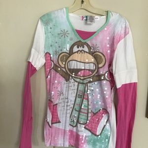 Bobby Jack Sequin Hooded Top. Pink/White/Multi.  Large 14/16.